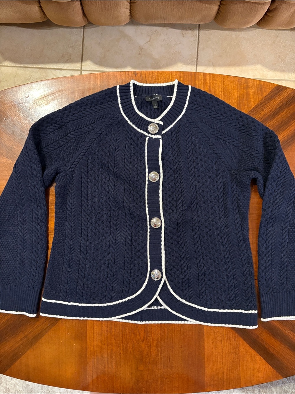 Talbots Women’s Navy Cable Knit Cutaway Cardigan with White Trim